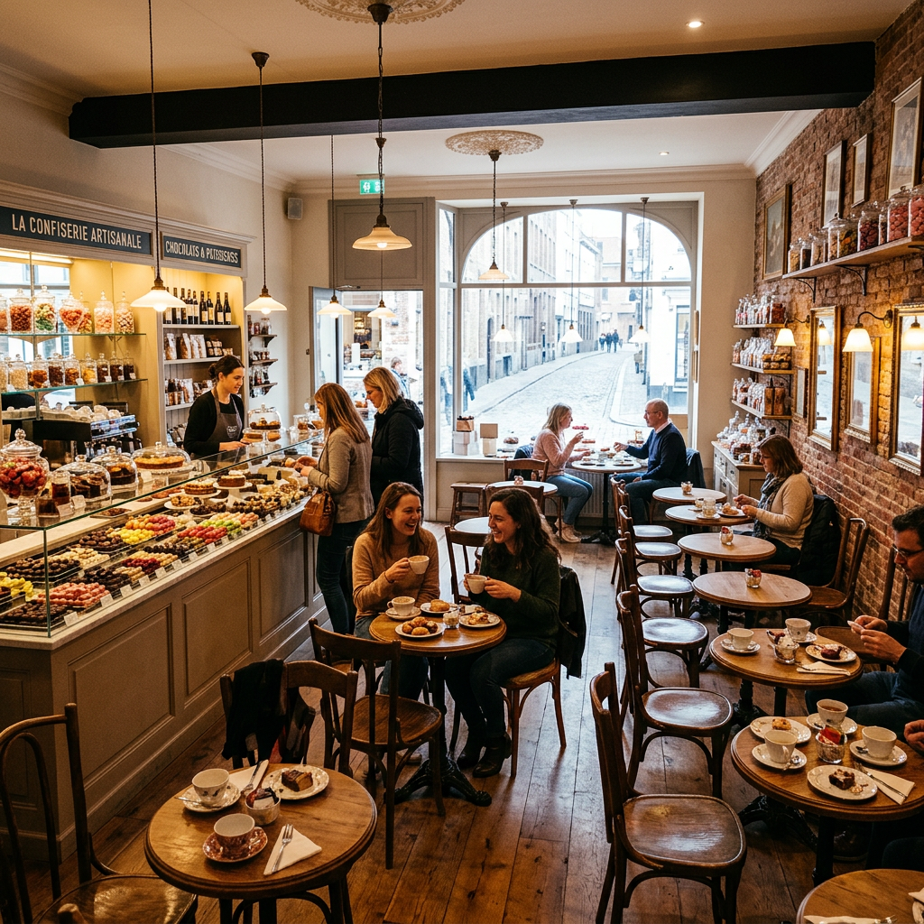 People sitting and ordering pastries in a cozy café with jars of sweets and wooden tables